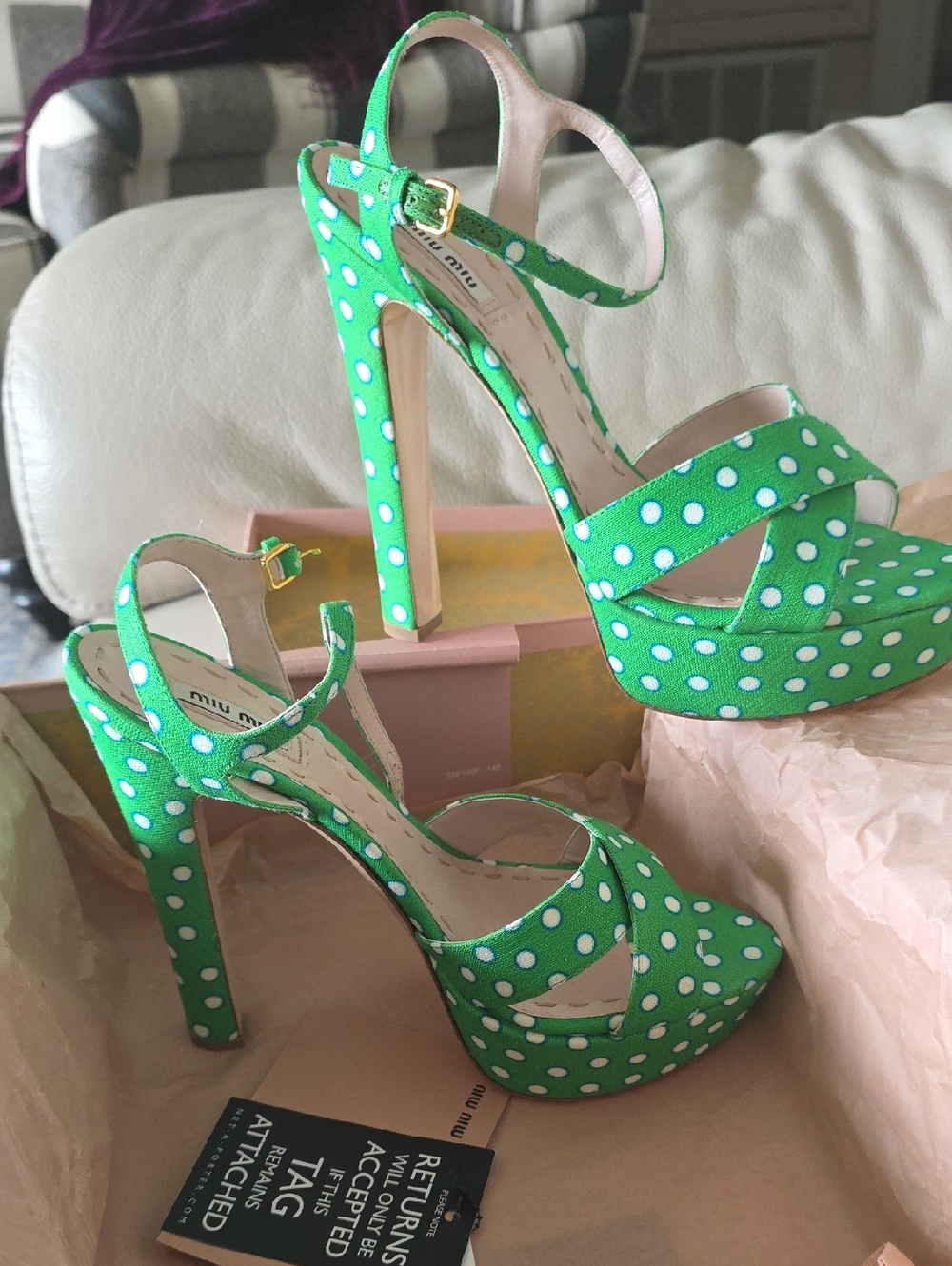 Miu Miu Green and White Polka Dot Platform Heels